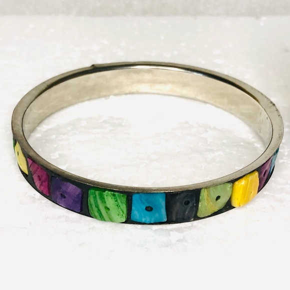 Two Silver Abalone Shell Colorful Inlay Bangle Bracelets - Picture 13 of 16